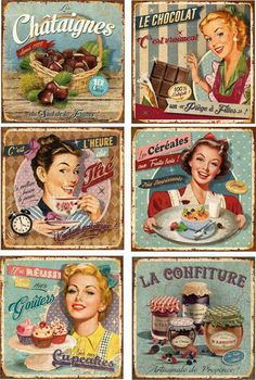 four vintage french advertising signs with women eating cake, chocolates and other dessert items