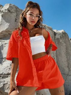 Lasaky - Chic White Collar Blouse and Shorts Set Casual Sport Outfit, White Collared Blouse, Celana Fashion, Sportswear Outfits, Drop Shoulder Shirt, Orange Outfit, Mini Shorts, Elegant Outfit, Two Piece Outfit