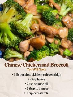 broccoli, chicken and broccoli is shown on a piece of paper