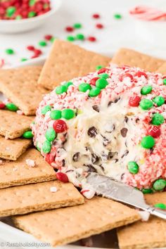 a large cracker covered in candy and sprinkles with a serving knife