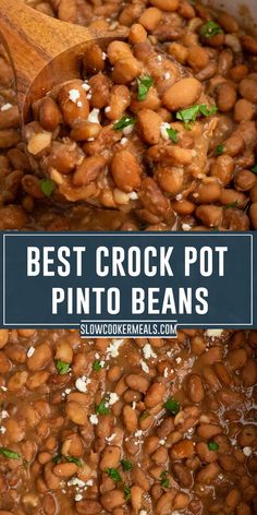 A wooden spoon holding pinto beans in a crock pot. Texas Pinto Beans Recipe, Crockpot Pinto Beans Recipe, Southern Pinto Beans Recipe, Crock Pot Pinto Beans, Slow Cooker Pinto Beans, Beans Recipe Crockpot, Dry Beans Recipe