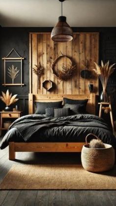 a bed room with a neatly made bed and wooden walls