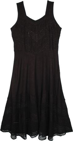 A statement black dress in large sizes - graceful enough to turn heads! With embroidery all over, it looks very intricately feminine.  It has a smocked back with a tie belt for comfort. #tlb #Sleeveless #Embroidered #XLPlus #PljusSizeWesternDress Elegant Stretch Dress With Smocked Back, Black Stretch Dress With Smocked Back, Black Dress With Smocked Back For Night Out, Elegant Black Flowy Mini Dress, Sheer Embroidered Dress, Lil Black Dress, Alt Outfits, Hippie Dress, Western Dress