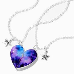 Your friendship with your bestie is out of this world! Share that bond in matching style with this pair of best friends necklaces. You can each wear one-half of a galaxy-inspired heart, decorated with starry glitter, plus a dainty BFF star charm. Pack Size: 2 Finish: Silver-tone Length: 16" + 3" extender Closure: Lobster clasp Material: Metal - Claire's Best Friends Galaxy Split Heart Pendant Necklaces (2 Pack) Trendy Friendship Necklace For Valentine's Day, Best Friends Necklaces, Bff Jewelry, Pretty Jewelry Necklaces, Bff Necklaces, Friend Jewelry, Sister Jewelry, Best Friend Jewelry, Best Friend Necklaces