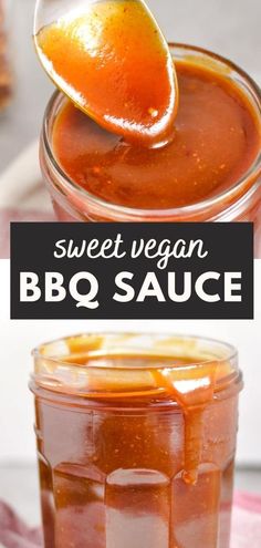 sweet vegan bbq sauce in a glass jar with a spoon