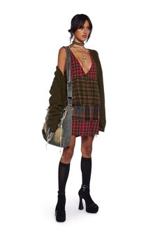 Current Mood Grunge Tiered Mixed Plaid Raw Hem Babydoll Dress - Multi – Dolls Kill Fall Babydoll Dress, Fall Plaid V-neck Dress, Bohemian Dresses For Fall Layering, Mood Grunge, Gfx Resources, 2024 Wardrobe, Current Mood Clothing, Fur Costume, Aesthetic Rooms