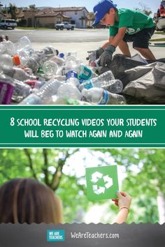 two pictures with the words 8 school recycling videos your students will be able to watch again and again