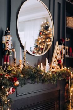 an instagram page with christmas decorations on the mantle and a mirror in the background