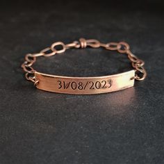 Do you want to remember that important date, were it always in your wrist or give it to that special person! This copper bracelet is handmade in pure copper, I make the chain with copper wire, link by link, joining them and finally putting the copper sheet with the engraved date. All the items of my store are designed and manufactured by me. Beautiful pieces handmade one by one in an artistic way and not mass produced. Unique pieces made with a lot of detail and love. Due to this there might be Gift Bronze Stamped Bracelets, Customizable Rose Gold Bracelets For Anniversary, Bronze Stamped Bracelet For Gift, Stamped Bronze Bracelets For Gift, Stamped Bronze Bracelets As Gifts, Hand Stamped Gold Copper Jewelry, Hand Stamped Copper Gold Jewelry, Rose Gold Copper Bracelet As A Gift, Rose Gold Copper Bracelets As Gift