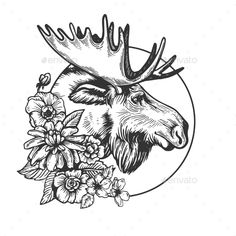 a moose head with flowers on it's antlers in black and white - animals characters