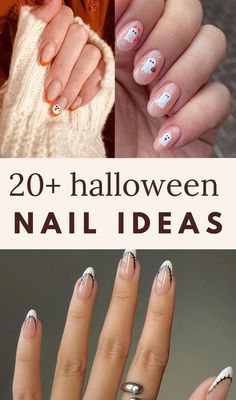 Halloween Tip Nail Designs, Halloween Design Short Nails, Cute Classy Halloween Nails, Halloween Diy Nail Designs, Cute Ghost Nails Pink, French Manicure With Ghost, Short October Nail Designs, Manicure Ideas Halloween, Cute October Nails Short