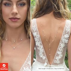 the back of a woman's wedding dress is shown in three different angles and features pearls