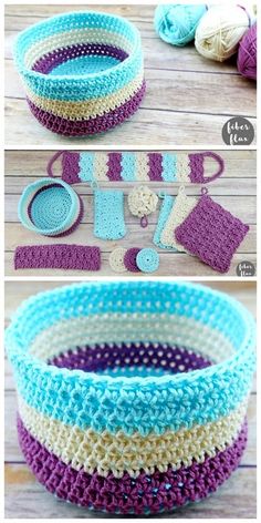 crocheted bowls with different colors and sizes are shown in three pictures, one is blue