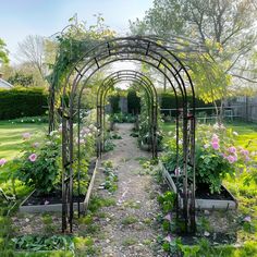 a garden with lots of flowers and plants growing in the ground next to an archway