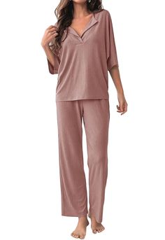 PRICES MAY VARY. COZY FABRIC: 28% Rayon+65% Polyester+7% Spandex, lightweight, comfy, and stretchy ribbed knit fabric. This Pajamas sets with soft elastic and loose designs fits for any body size TRENDY DESIGN: 2 Piece Pajama Sets for Women/Lounge Sets for Women/3/4 Sleeve Tops for Women/Wide Leg Pants for Women/Matching Sets for Women/Loungewear Sets for Women/Pants Sets for Women/Summer Clothes Sets for Women/Ribbed Outfits for Women/Going Out Outfits for Women CHIC DETAILS: This Lounge sets f Cheap Matching Set Bottoms For Loungewear, Cheap Yellow Sleepwear For Loungewear, Affordable Crop Top For Loungewear, Cheap Women's Loungewear Bodysuit, Cheap Loungewear Bottoms With Side Pockets, Affordable Cotton Casual Sleepwear, Cheap Loungewear Short Leg Pants, Affordable Stretch Bodysuit For Loungewear, Cheap Spring Sleepwear With Elastic Waistband