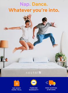 two people jumping up in the air over a bed with nectar mattresses on it