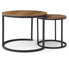 two tables with metal bases and wood tops