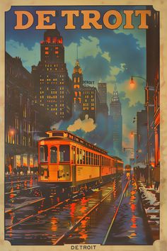 a poster depicting a train on the tracks in front of a cityscape at night