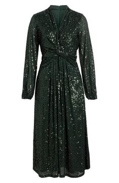 Bring sparkle to your next night out in a sequin-drenched dress designed with a shapely twist at the waist and cut to a beloved and versatile midi length. 50" length Hidden side-zip closure Surplice V-neck Long sleeves with elastic cuffs Lined 95% polyester, 5% elastane Dry clean Imported Pine Forest, Sleeve Midi Dress, Long Sleeve Midi, Long Sleeve Midi Dress, Twist Front, Nordstrom Dresses, Anne Klein, Midi Length, Side Zip