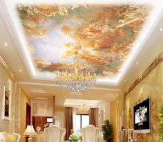 a living room filled with furniture and a painting on the ceiling