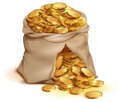 a bag full of gold coins on a white background