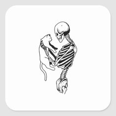 a skeleton with a cat on his back sticker is shown in black and white