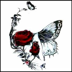 a drawing of a butterfly with roses and butterflies on it's wings, in front of a white background