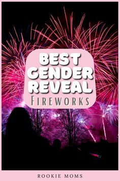 fireworks with the words best gender reveal fireworks in front of trees and pink sky at night