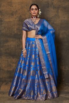 Blue banarasi silk lehenga with woven zari floral jaal motifs. Comes with dupatta and unstitched blouse fabric. - Aza Fashions Cape Lehenga, Kurta Lehenga, Lehenga Skirt, Tarun Tahiliani, Silk Lehenga, Bridal Lehenga, Blouse Fabric, Modern Bride, Blouse Piece