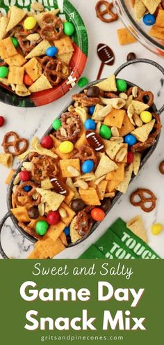 two bowls filled with candy and salty game day snack mix on top of a table