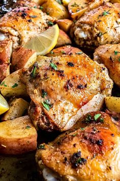 chicken, potatoes and lemons on a pan with seasoning sprinkled around the edges