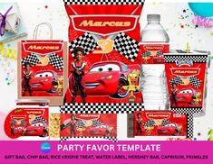 the birthday party package includes cars, water bottles and napkins for children to enjoy