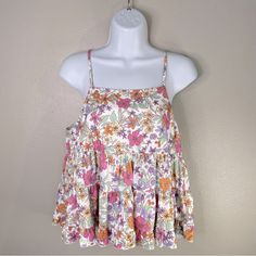 (Nwt!) Peach Love California “The Lucy” Floral Tiered Tank. Size Medium. Sleeveless. Tiered. White/Orange/Purple/Green Floral Print. Keyhole With Button Closure In Back. Excellent Condition-New With Tags. See Pictures. Pink Summer Tank Top For Vacation, Feminine Floral Print Tank Top For Brunch, Pink Tank Top For Beach In Spring, Pink Summer Tank Top For Brunch, Pink Tank Top For Spring Beach Days, Pink Tank Top For Spring Beach, Pink Tank Top For Summer Brunch, Pink Floral Print Tank Top For Day Out, Pink Tank Top For Brunch