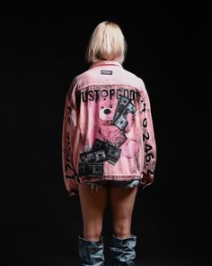 Daddy Bear Denim Jacket – DUST OF GODS Pink Denim Outerwear For Streetwear, Pink Denim Jacket For Streetwear, Dust Of Gods, Hand Painted Clothing, Upcycled Fabric, Denim Ideas, Custom Denim, Painted Jeans, Custom Clothing