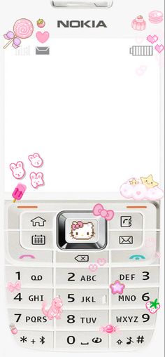 an image of a cell phone with hello kitty stickers on the front and side