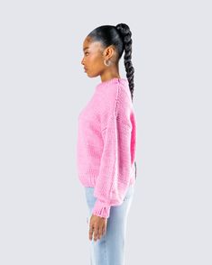 Name something better than a pink sweater top… 💕 Constructed from fully fashioned knit with a chunky knit stitch, and complete with a rib collar, sleeve cuffs, hem band, and a crew neck fit - this top is making “sweater weather” 10x cuter 😚 Trendy Chunky Knit Pink Top, Fitted Pink Chunky Knit Sweater, Pink Long Sleeve Chunky Knit Top, Pink Stretch Textured Knit Sweater, Pink Hand-knitted Acrylic Sweater, Fully Fashioned, Cargo Pant, Chunky Sweater, Knit Stitch