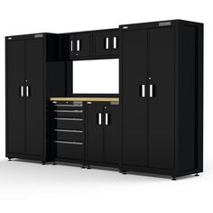 a black garage cabinet with drawers and doors