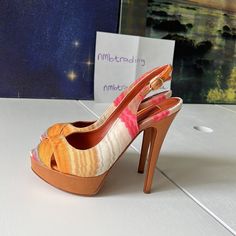 - Designer = Missoni - Size = 7m (37). Trunk 17 - Color = Multicolored - Missoni Made In Italy Peep Toe 4multicolored Sling Back Stilettos Heel Sandals - Heel Height = - Platform Height = - Genuine And Authentic Or Your Money 0back Trunk 17 Multicolor Slingback Heels For Formal Occasions, Chic Orange Slingback Pumps For Summer, Luxury Fitted Slingback Pumps For Summer, Multicolor Slingback Sandals For Party, Designer Fitted Slingback Pumps For Summer, Designer Closed Toe Slingback Pumps For Summer, Multicolor Slingback Heels For Party, Designer High Heel Slingback Pumps For Spring, Designer Open Toe Slingback Pumps For Spring