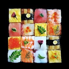 many different types of sushi are arranged in the shape of a square pattern on a black background