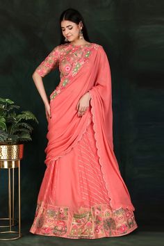 Gajri lehenga saree with an attached cancan, including elephant and sparrow motifs and jaal hand embroidery. Comes with a padded blouse and a petticoat. - Aza Fashions Abhinav Mishra, Petticoat Pattern, Sari Lehenga, Organza Lehenga, Padded Blouse, Animal Motifs, Lehenga Saree, Blouse For Women, Saree With Blouse