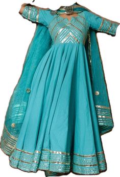 Navratri Semi-stitched Anarkali Set In Dola Silk, Blue Anarkali Set With Resham Embroidery For Navratri, Blue Resham Embroidered Anarkali Set For Navratri, Festive Blue Chanderi Anarkali Set, Designer Blue Anarkali Set With Gota Work, Unstitched Anarkali Set With Dori Work For Navratri, Unstitched Gota Work Anarkali Set, Maxi Length Salwar Kameez With Gota Work In Chanderi, Unstitched Maxi Length Anarkali Set With Gota Work