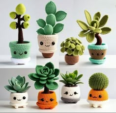 small crocheted potted plants with faces and eyes on them, all in different colors