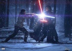 two people in the snow with lightsabed on their hands and one person holding a light saber