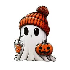 an image of a ghost with a drink in his hand and a pumpkin on the other side