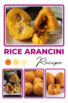 the cover of rice arancini recipe with pictures of different types of food in it