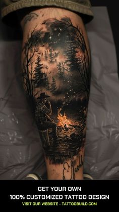 a man's leg with tattoos on it and the words get your own customized tattoo design