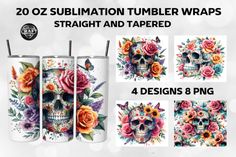 the skulls and roses tumbler wraps are designed to look like they have flowers on them