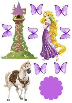 the princess and her horse are in front of some purple butterflies on a white background