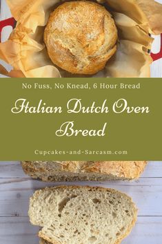 two loaves of bread with the words italian dutch oven bread