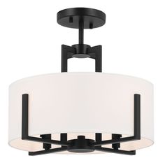 a semi - flush ceiling fixture with white shades on the bottom and black metal frame